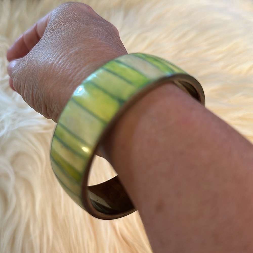 Green Striped metal and shell Bangle Bracelet